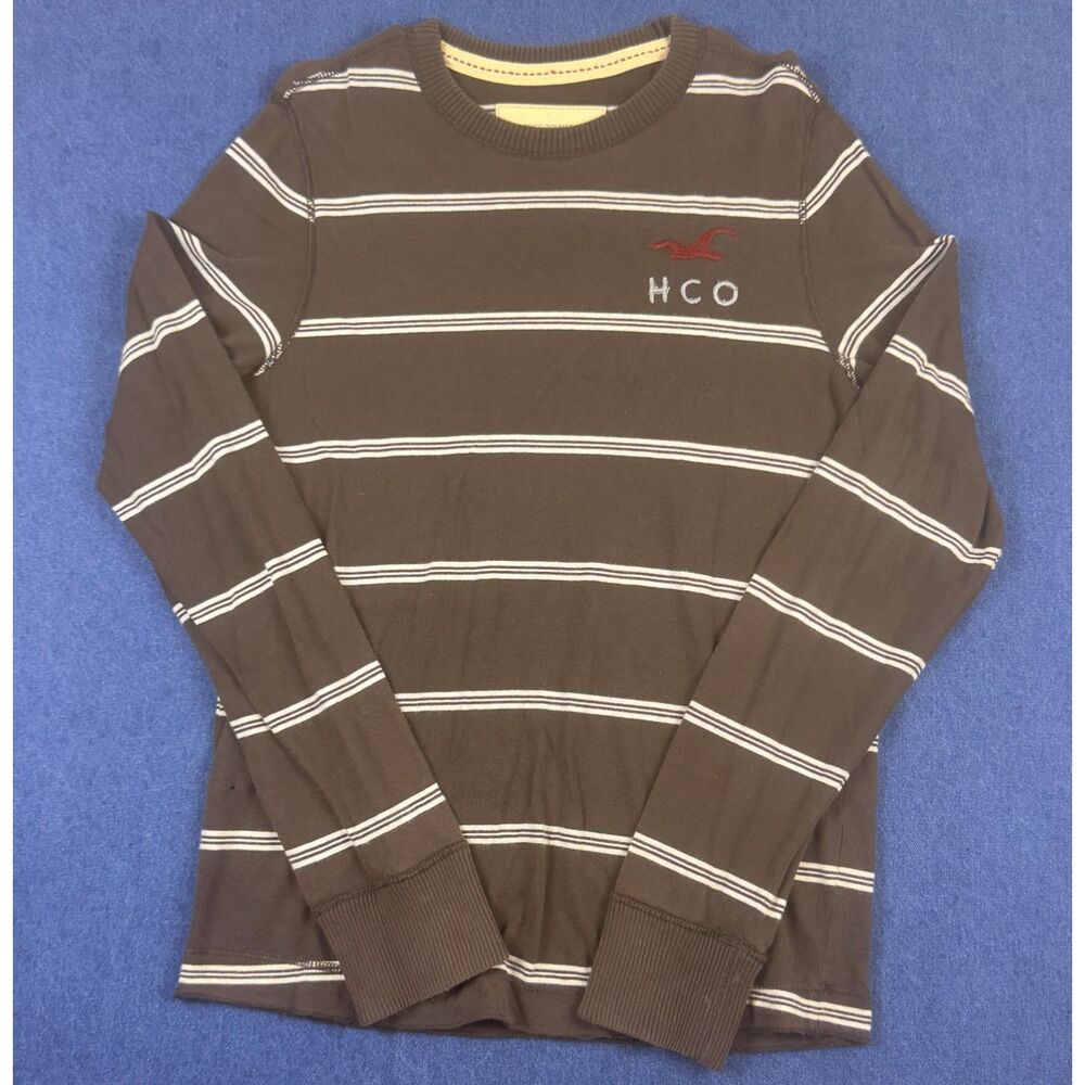 Hollister HCO Mens Small Brown Striped Long Sleeve Shirt Embroidered Logo